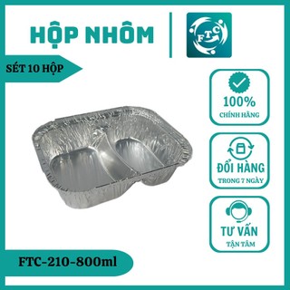 Set 10 khay nhôm FTC hộp nhôm 2 ngăn 800ml có nắp đậy dùng 1 lần cực tiện lợi MS2101