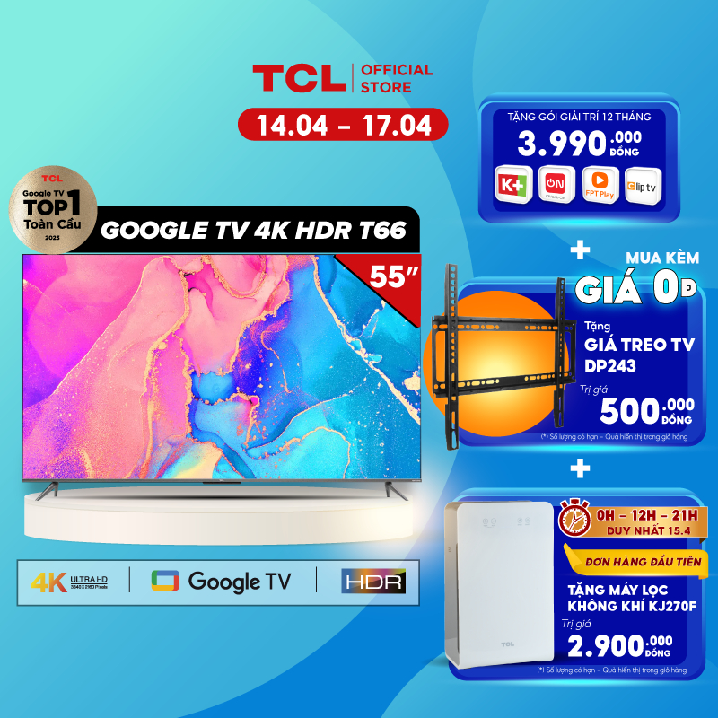 GOOGLE Tivi TCL 55'' 4K HDR - 55T66 - Hàng Chính Hãng - Miễn phí lắp đặt
