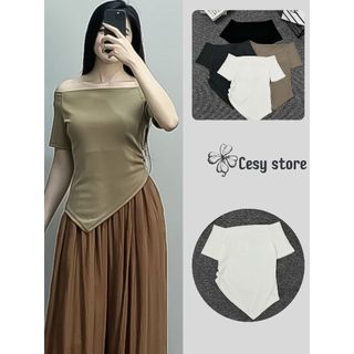 Áo cổ thuyền hở vai ,trễ vai Cesy,, áo thun hở vai dúm eo vạt chéo tăm Hàn194