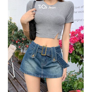 Chân váy jean denim chữ A dáng ngắn Y2K retro phối đai lưng TiQi Jeans V1-334