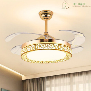 Đèn quạt trần trang trí phòng khách TC Gold, quạt có đèn ốp trần giấu cánh gió điều khiển remote Ngọc Vy Led