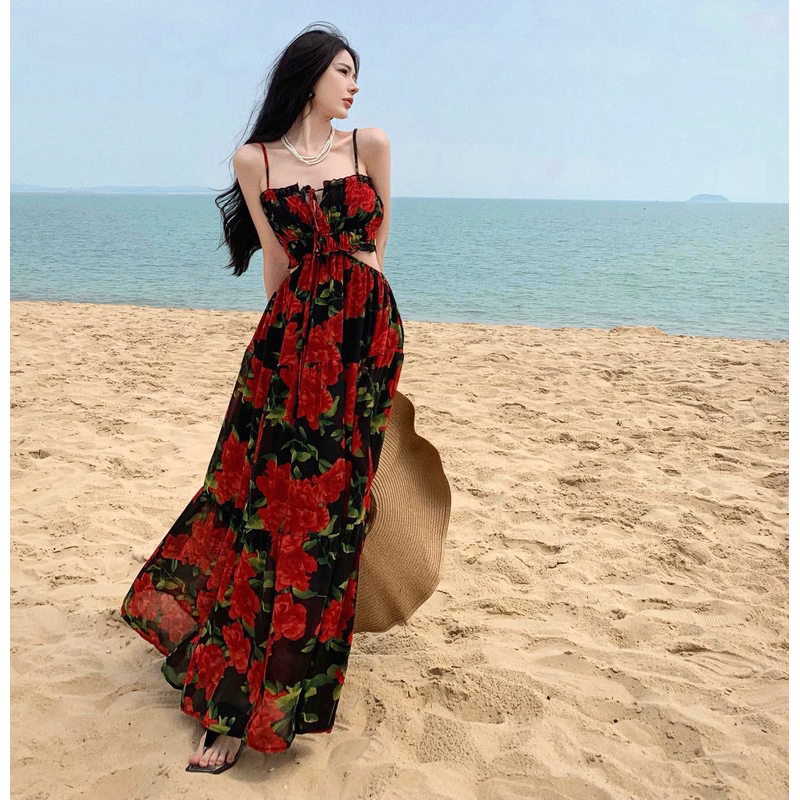 Váy hoa đỏ maxi hè