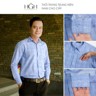 Áo Sơ Mi Trung Niên Nam Dài Tay Dáng Suông Vạt Ngang HGH FASHION Họa Tiết Kẻ Caro Màu Xanh Vải Cotton Cao Cấp