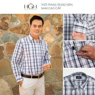 Áo Sơ Mi Trung Niên Nam Dài Tay Dáng Suông Vạt Ngang HGH FASHION Họa Tiết Kẻ Caro Màu Xám Đen Vải Cotton Cao Cấp