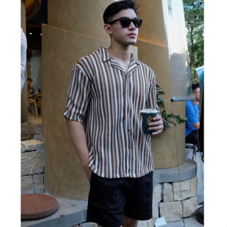 Áo sơ mi ngắn tay cuban chất cotton đan sọc nâu/đen Mocha Shirt