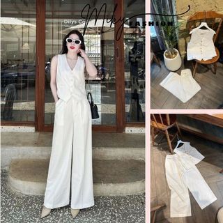 Set bộ vest áo gile quần ống suông rộng, set đồ tết áo croptop 2 dây quần ống rộng chất ren lụa siêu sang chảnh