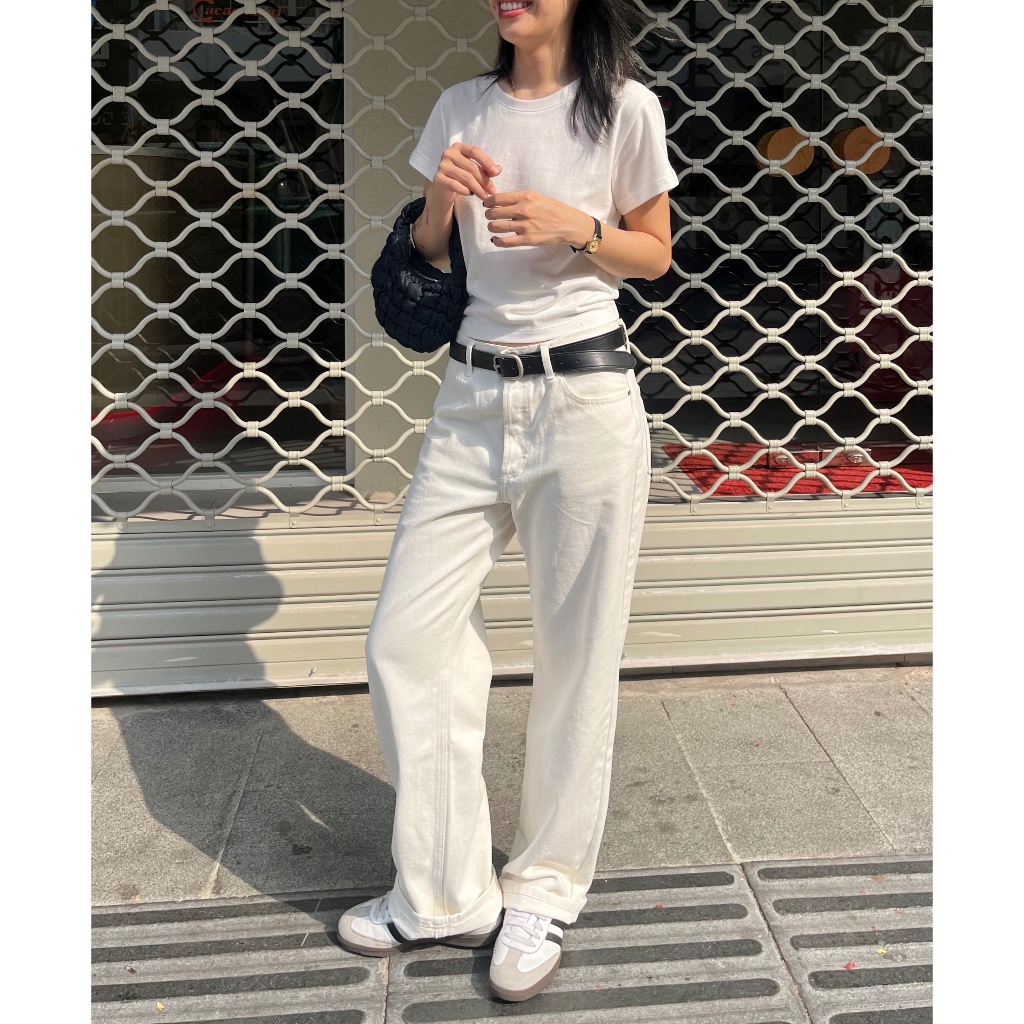 TheBlueTshirt - Quần Jeans Nữ Lưng Cao Ống Suông Màu Trắng - The Original Grandpa Jeans - White Vintage