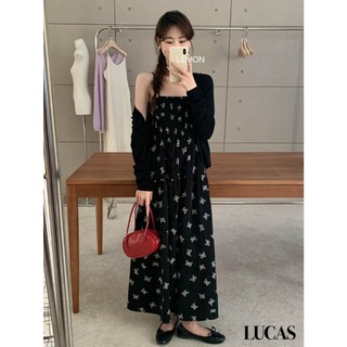 Váy đen 2 dây dáng suông dài họa tiết con bướm basic