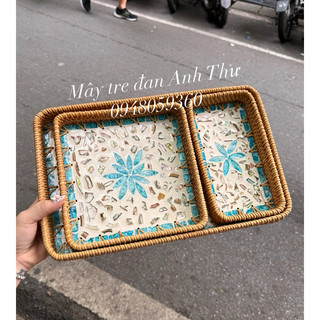 Bộ khay cơm mây khảm trai decor trang trí đựng đồ dùng nhà cửa shop mây tre đan Anh Thư