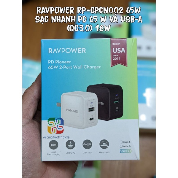 Củ sạc siêu nhah hai cổng Type C PD và USB-A RAVpower RP-CPCN002 65W GaN dùng cho các dòng điện thoạ