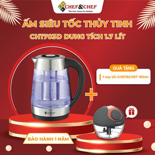 Ấm siêu tốc bình siêu tốc thủy tinh CHEF&CHEF CH1703D điều khiển nhiệt độ đun+ quà tặng 1xay tỏi 180ml cao cấp.