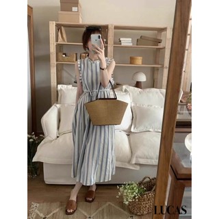 Váy cổ tròn viền lượn dáng dài kẻ sọc basic