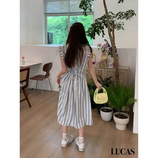 Váy cổ tròn viền lượn dáng dài kẻ sọc basic