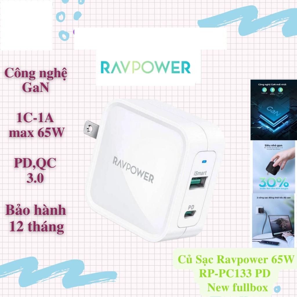 Củ sạc siêu nhah hai cổng Type C PD và USB-A RAVpower RP-CPCN002 65W GaN dùng cho các dòng điện thoạ