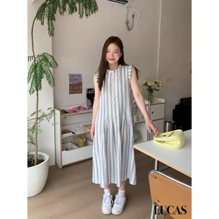 Váy cổ tròn viền lượn dáng dài kẻ sọc basic