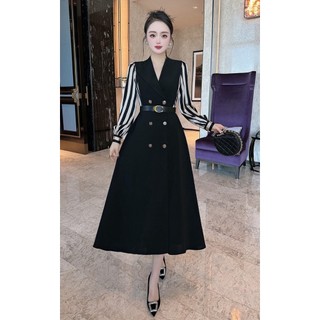 HÀNG NHẬP ĐẦM CỔ VEST PHỐI TAY SỌC KÈM NỊT
