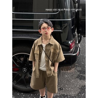 Set jean gồm áo jean ngắn tay + quần lửng jean màu nâu cho bé trai từ 2 - 8 tuổi. PUN KIDS