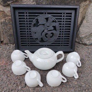 [Video SP Hàng như hình] Bộ tách trà lớn gốm sứ trắng 👉🛍kèm khay nhựa giã gỗ 😘bao đẹp👍