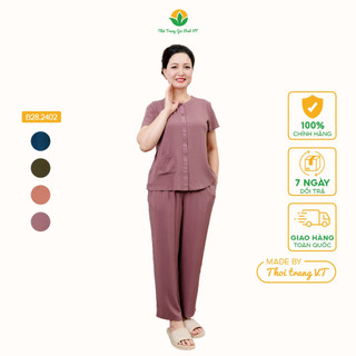 Đồ bộ mặc nhà trung niên chất Lanh mềm mịn và thoáng mát quần dài áo cộc tay có túi - B28.2402