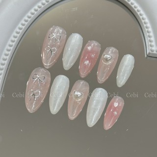  Móng úp thiết kế C911 ombre hồng đính trái tim nơ coquette dễ thương cebi.nailbox 