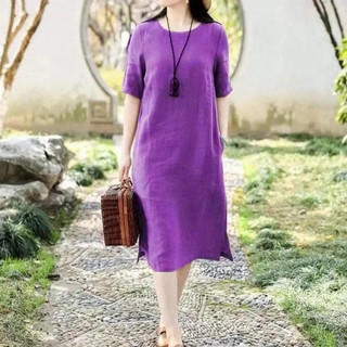 ĐẦM ĐŨI SUÔNG XẺ TÀ Xẻ Tà Cổ Tròn Trơn Big Size Nữ Dress Women Voan Sen Voi Nâu Hoa Sen Kem