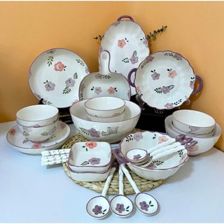 Bộ Bát Đĩa Sứ Cao Cấp Hoa Hồng Tím Nhẹ Nhàng Men Sáng Bóng GOSUMI HH01