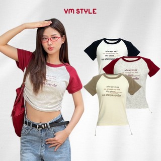 Áo thun babytee nữ VMSTYLE form ôm tay ngắn phối màu rút dây eo bên in chữ 1517 - ATU00777