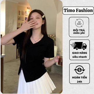 Áo thun nữ ngắn tay, Áo xẻ tà nữ cổ chữ V chất vải thun co giãn,phong cách Hàn Quốc, basic dễ mặc dễ phối đồ, AOT113