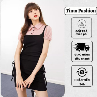 Set váy nữ, Váy nữ cổ polo dáng ôm, tay ngắn, eo có dây rút sang chảnh, chất vải thun, mặc đi dự tiệc, VTN110