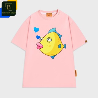 Áo thun unisex tay lỡ in hình cá Vàng môi dày và bong bóng nước hình trái tim xanh vui nhộn Yellow fish shirt BND814