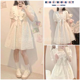 Váy nữ dự tiệc gấm xốp dáng xòe viền bèo đính nơ tay bồng, đầm tiểu thư babydoll sang chảnh đi chơi xinh lolita - KHOSI