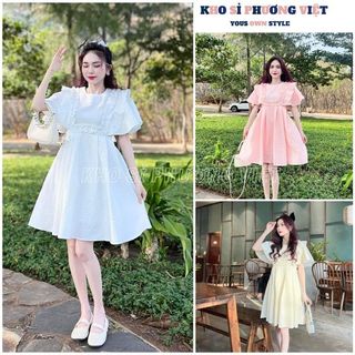 Váy tiểu thư gấm dáng xòe cổ tròn viền bèo - đầm gấm trắng xòe tay bồng đi học đi chơi dự tiệc dễ thương - KHOSI