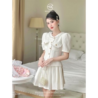Set Váy Dạ Mỏng Thanh Lịch MEDECHILL Thiết Kế Áo Sơ Mi Vạt Chéo, Chân Váy Xếp Ly Xoè Nhẹ Tôn Dáng S359