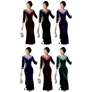 Đầm dạ hội nhung trung niên đi tiệc cổ nạm đá phối eo đá 2 bên size lón 75kg, Đầm dạ hội nhung đuôi cá nạm đá bigsize
