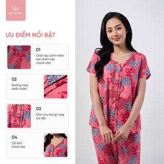 Bộ mặc nhà nữ WINNY kiểu cộc tay quần dài chất lanh mềm mát 2MNLA23035D