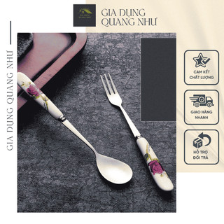 Thìa cán sứ dĩa inox cán sứ nĩa trái cây cao cấp loại 1