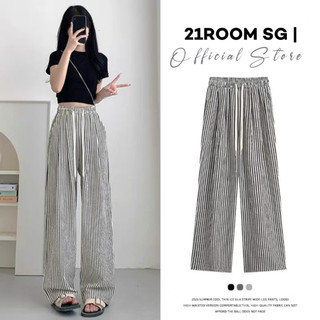  V35 Quần Suông Dài Sọc Nữ Ống Rộng 21ROOM Chất Liệu Đũi Thô Nhăn Cao Cấp Cực Mát Mềm Phong Cách Hàn Quốc 