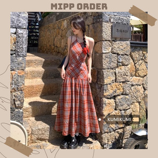 [Order] Đầm yếm dáng dài hoạ tiết kẻ đỏ thắt lưng sau đi biển phong cách nhẹ nhàng thời trang mùa hè cho Nữ