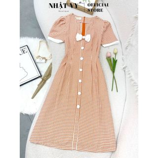 Đầm công sở Nhật Vy caro cổ V tay ngắn kèm nơ form dáng xoè phù hợp đi làm dự tiệc dạo phố dễ thương - D2995