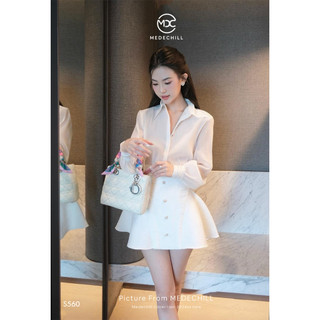 Set Váy Trắng Dự Tiệc Sang Chảnh MEDECHILL Áo Sơ Mi Dài Tay Mềm Mát, Chân Váy Đính Cúc Xoè Nhẹ Cạp Cách Điệu S560