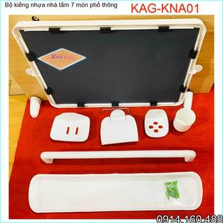 Kiếng nhựa 6 món KAG-KNA01, Bộ phụ kiện gương soi bọc nhựa trắng phòng tắm trường học gia đình