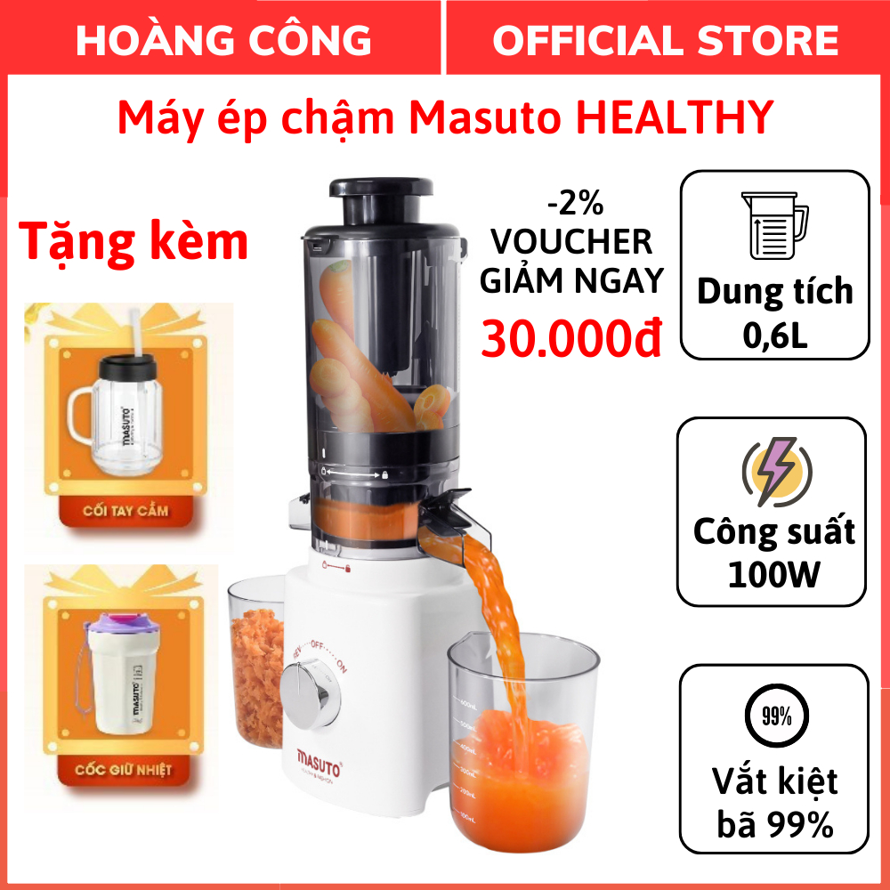 Máy ép chậm trái cây Masuto HEALTHY chính hãng, Công suất 100W, Dung tích 0.6L, Ép kiệt bã đến 99%, Bảo hành 24 tháng