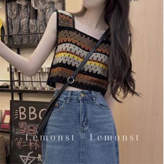Sẵn- áo crochet len móc kẻ ngang phối màu đi biển lemonst