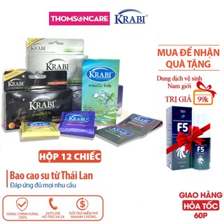Bao cao su Krabi - bcs gân gai siêu mỏng, kéo dài thời gian bôi trơn, 49mm đôn dên - Hộp 12 chiếc condom từ Thái Lan