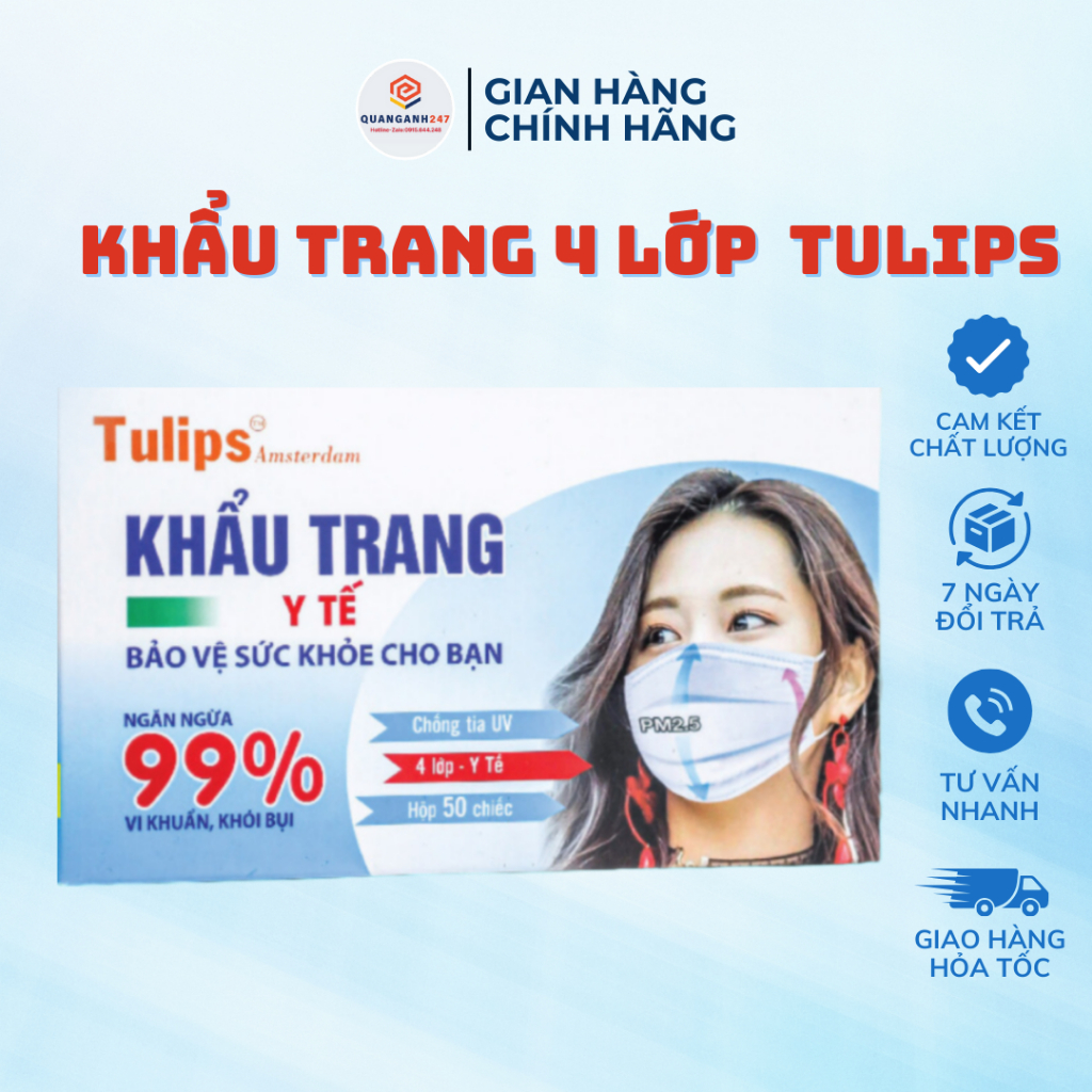 Hộp 50 chiếc khẩu trang y tế 4 Lớp Tulips chống tia UV kháng khuẩn, ngăn ngừa virus cúm, bụi bẩn 3 màu xanh, trắng, xám