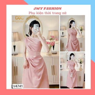 V4741 Váy lụa hồng lệch vai thiết kế dự tiệc [Dolce Viva Colection (DVC)] đầm hồng trễ vai dáng A nhún eo sang chảnh