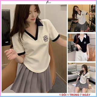 Áo thun nữ vạt bầu tay ngắn cổ polo vải tăm hàn, Áo baby tee form vừa dáng ngắn co dãn thoáng mát AT63