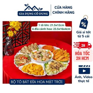 Bộ bát đĩa cánh hoa mặt trời màu trắng trơn nhựa việt nhật cao cấp