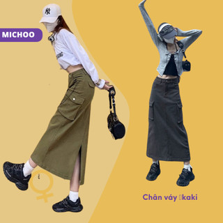 Chân Váy Maxi Kaki MICHOO Rút Dây Túi Hộp Trẻ Trung Cá Tính