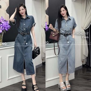 Đầm jean cổ sơ mi dáng dài kiểu xẻ tà trước đắp túi ngực tay ngắn kèm đai! TOMBI SHOP